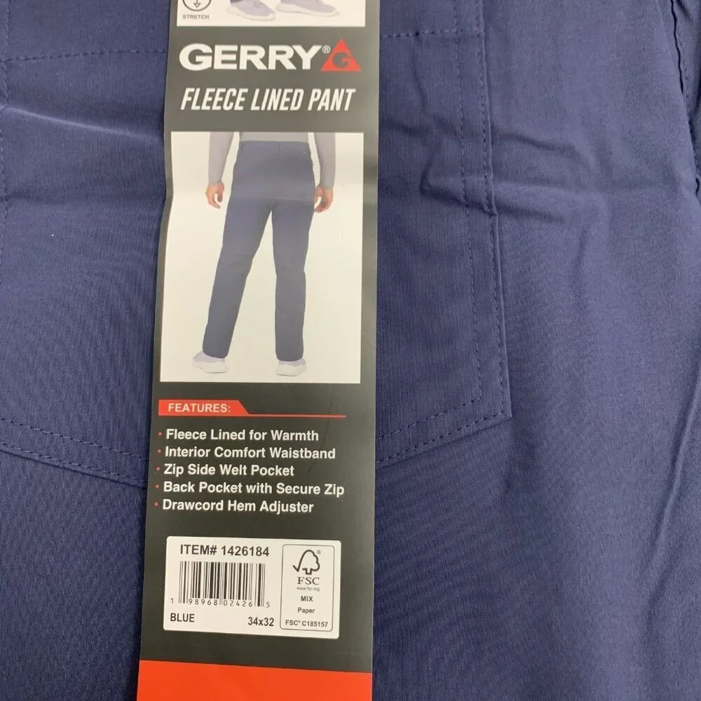 Gerry Men's 34x32 Blue Fleece Lined Pants Water-Resistant Stretch Warm G1923